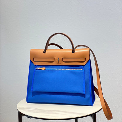 Herbag 31 Toile Bleu Toile Cuir de vachette doré