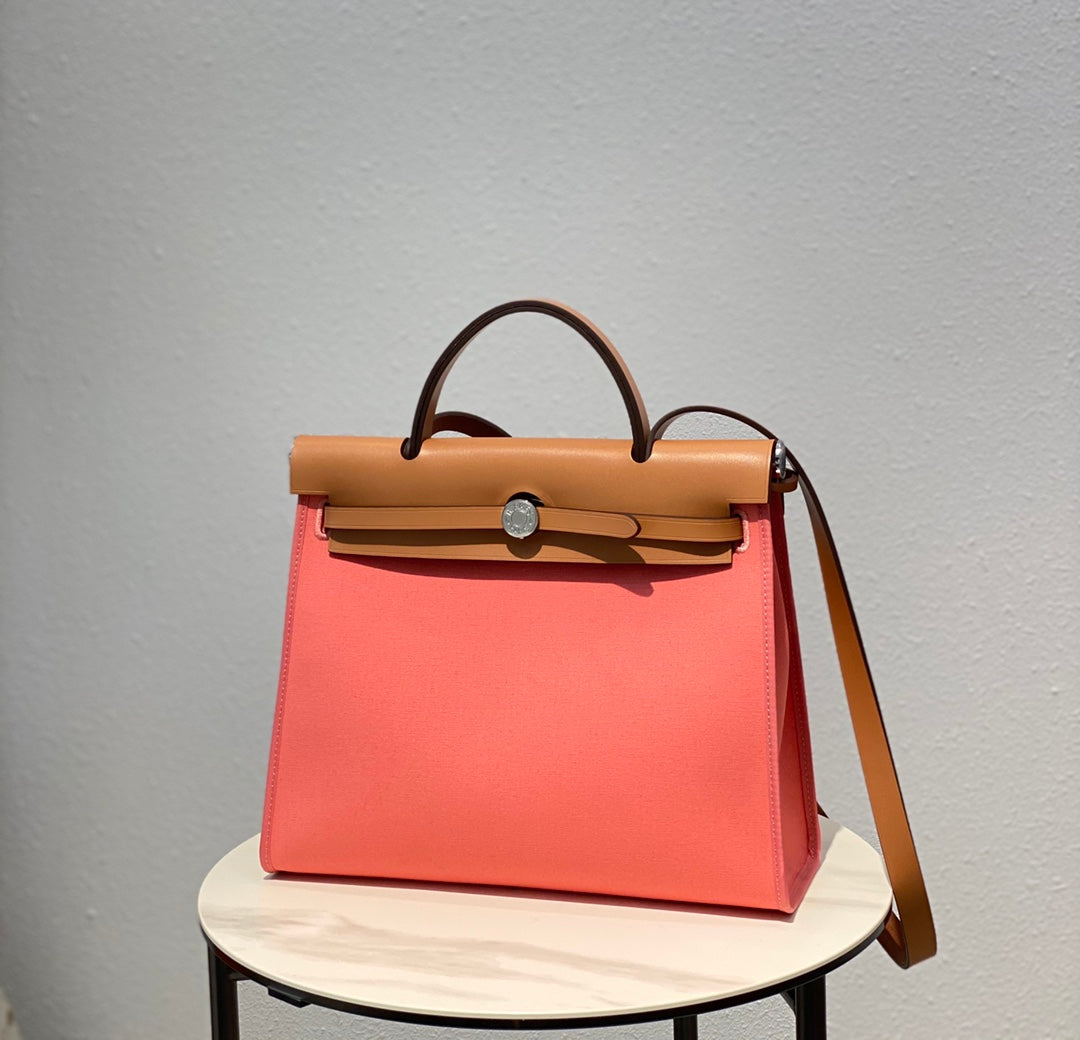 Herbag 31 Toile Rose Toile Cuir de vachette doré