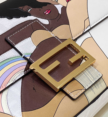 Sac baguette Fendi 27 en cuir de veau blanc, autocollant d'attache, matériel doré