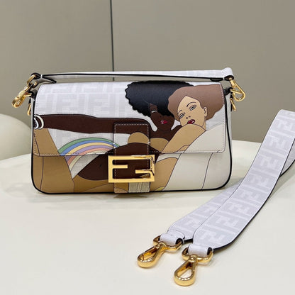 Sac baguette Fendi 27 en cuir de veau blanc, autocollant d'attache, matériel doré