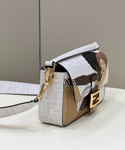 Sac baguette Fendi 27 en cuir de veau blanc, autocollant d'attache, matériel doré