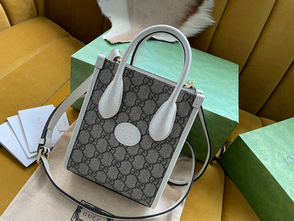 MINI SAC TOTE 20 EN TOILE BEIGE ET CUIR DE VEAU BLANC