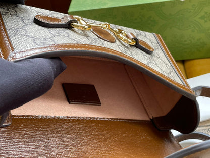 SAC MINI 18 GG HORSEBIT 1955 EN TOILE BEIGE ET CUIR DE VEAU MARRON