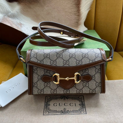 SAC MINI 18 GG HORSEBIT 1955 EN TOILE BEIGE ET CUIR DE VEAU MARRON