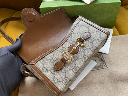 SAC MINI 18 GG HORSEBIT 1955 EN TOILE BEIGE ET CUIR DE VEAU MARRON