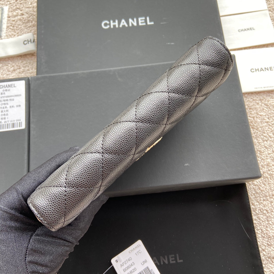 Portefeuille long CC Classic 19 cm en cuir de veau grainé noir
