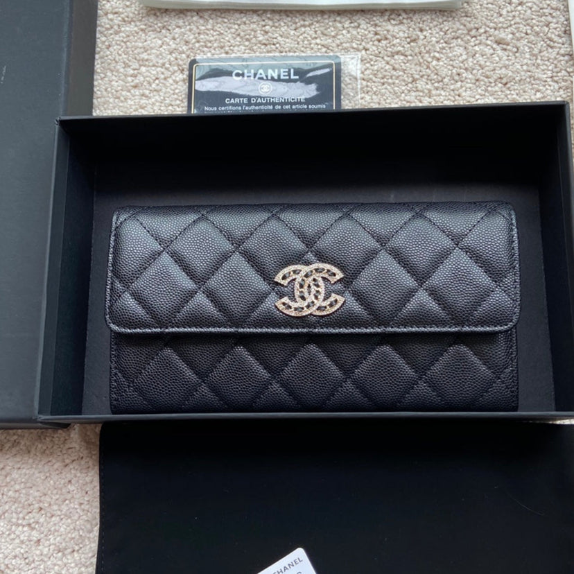 Portefeuille long CC Classic 19 cm en cuir de veau grainé noir