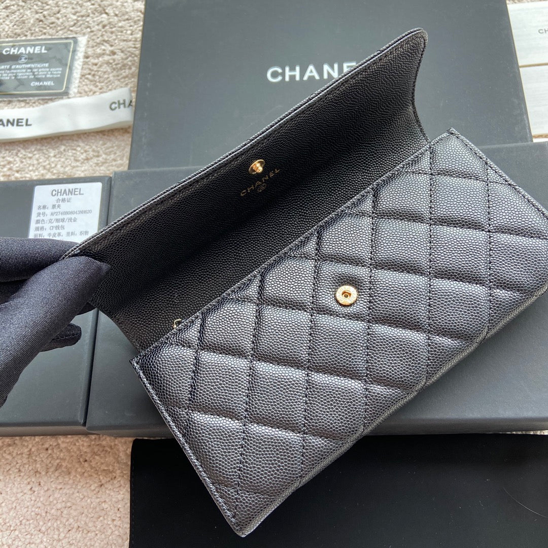 Portefeuille long CC Classic 19 cm en cuir de veau grainé noir