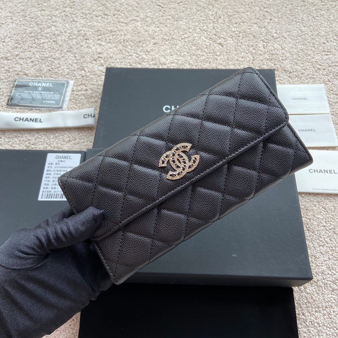Portefeuille long CC Classic 19 cm en cuir de veau grainé noir