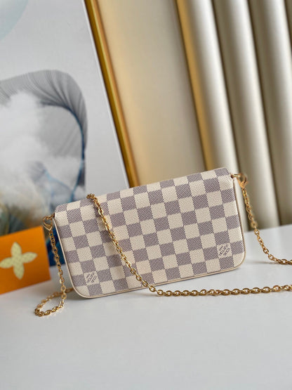 フェリシー ポシェット 21 ブルー ベージュ ダミエ アジュール キャンバス ゴールド金具