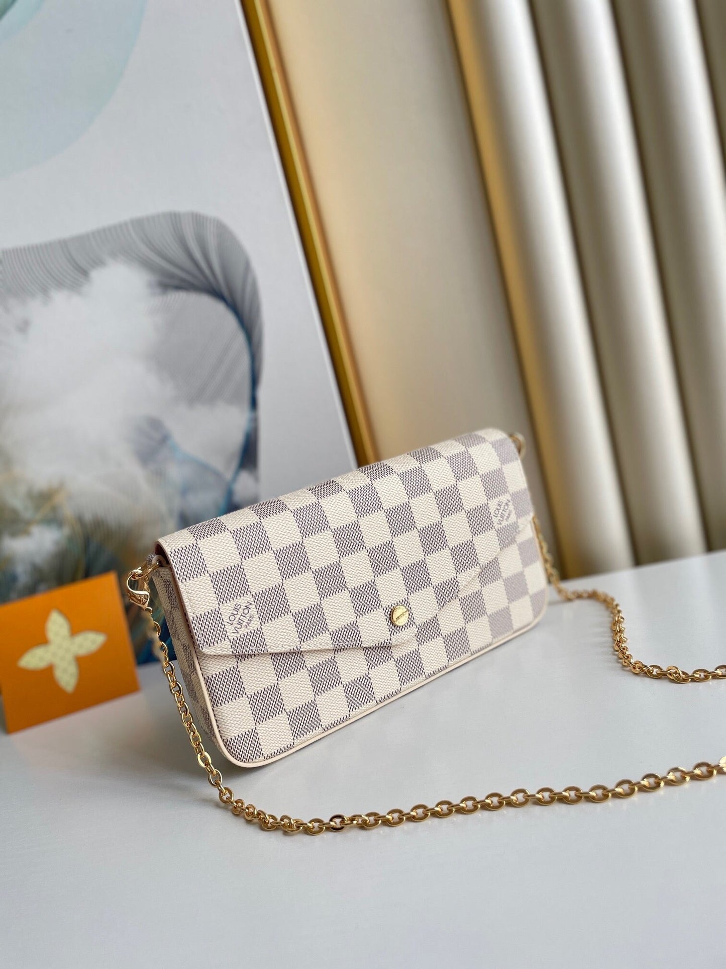 フェリシー ポシェット 21 ブルー ベージュ ダミエ アジュール キャンバス ゴールド金具