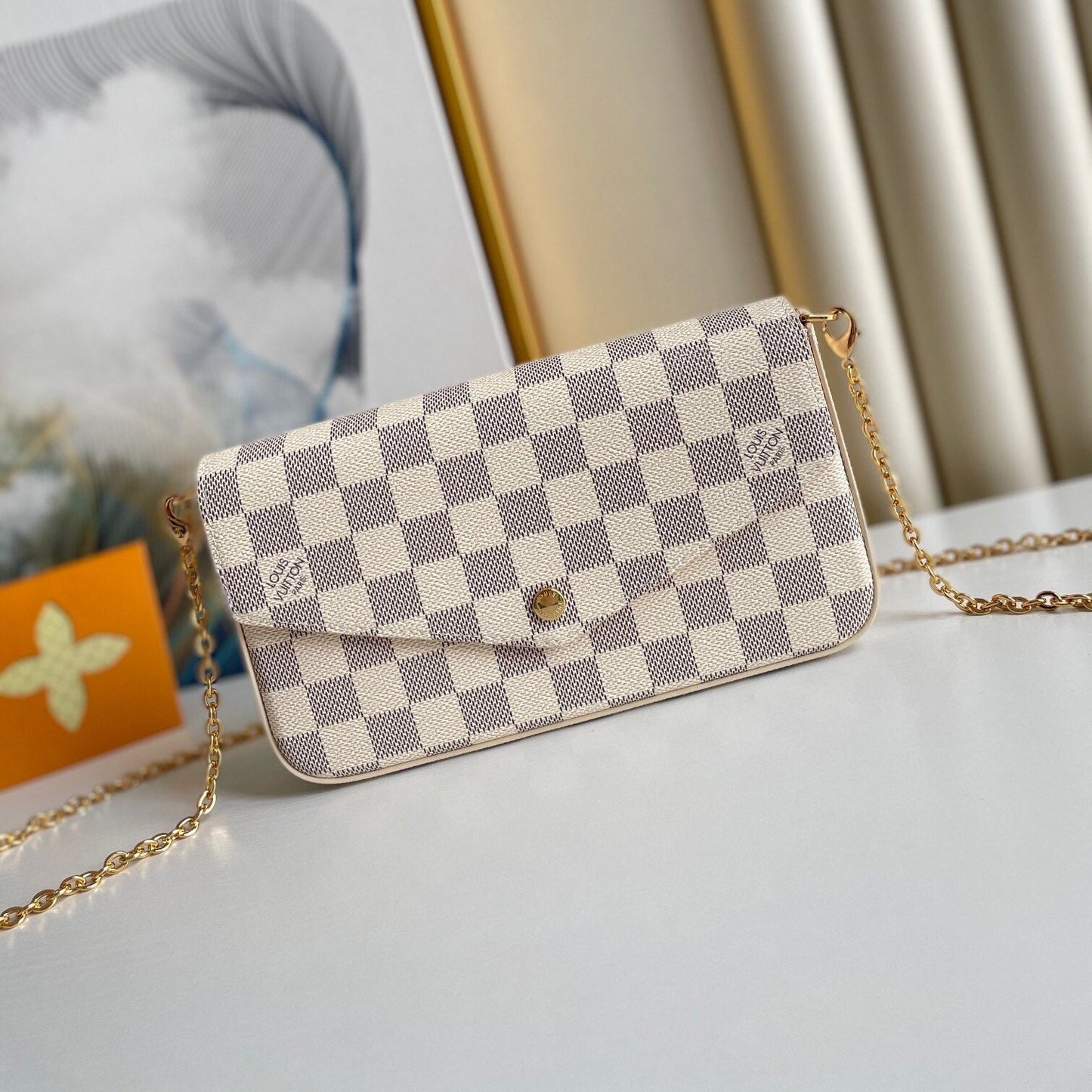 フェリシー ポシェット 21 ブルー ベージュ ダミエ アジュール キャンバス ゴールド金具