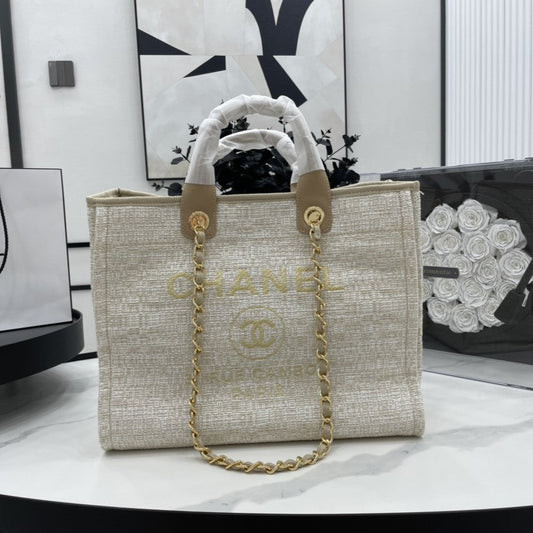 Sac CC Deauville en tweed, cuir marron, accessoires dorés 2