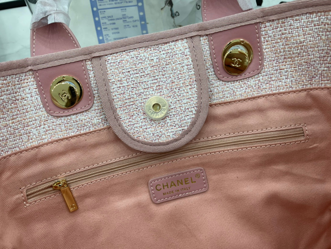 CC ドーヴィル ツイードバッグ ピンクレザー ゴールド金具 3