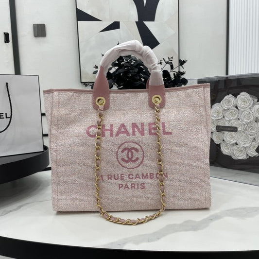 Sac CC Deauville en tweed, cuir rose, accessoires dorés, 3