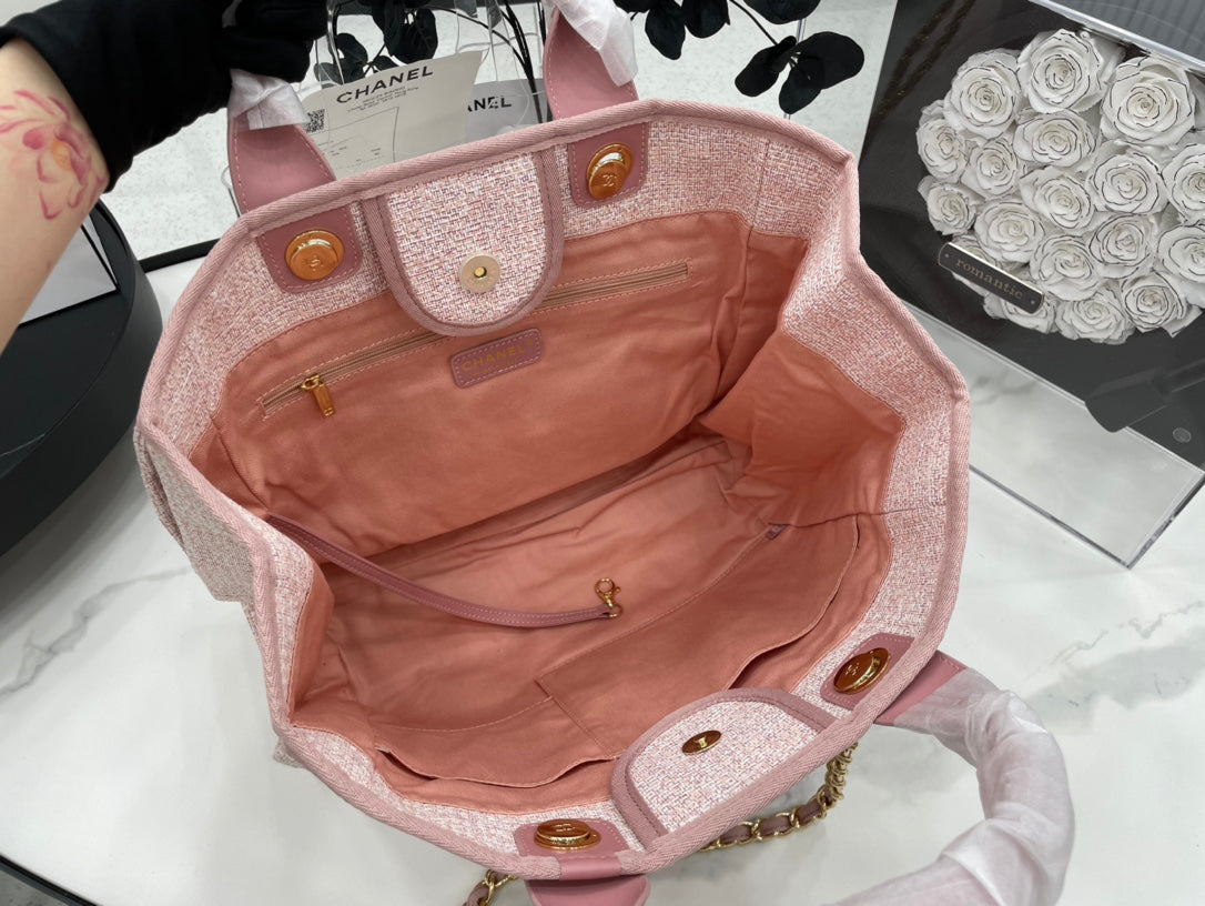 CC ドーヴィル ツイードバッグ ピンクレザー ゴールド金具 3