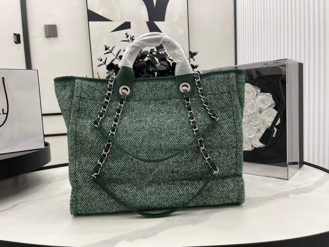 Sac CC Deauville Tweed Cuir Vert Quincaillerie Argentée 10