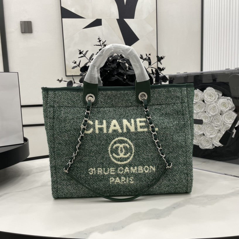 Sac CC Deauville Tweed Cuir Vert Quincaillerie Argentée 10