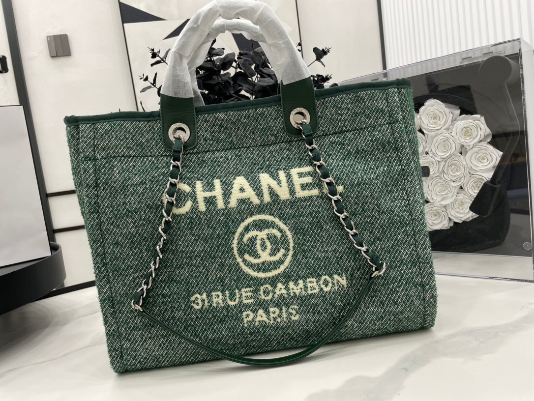 Sac CC Deauville Tweed Cuir Vert Quincaillerie Argentée 10