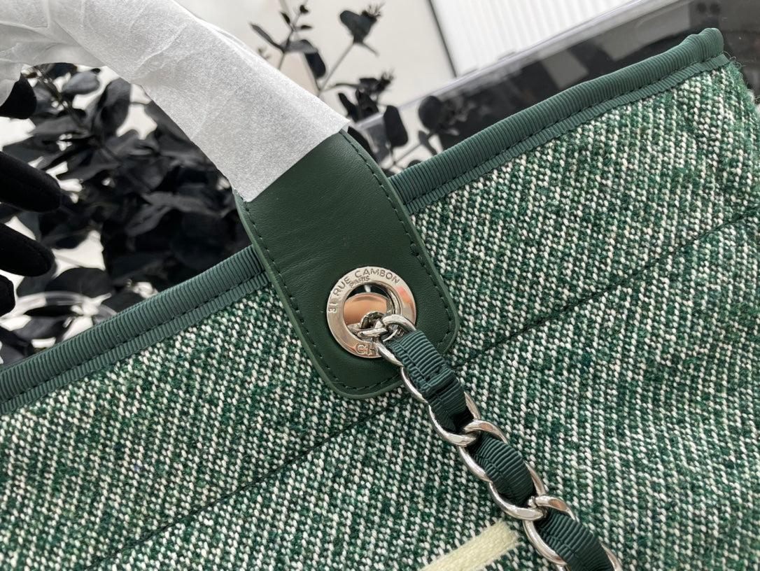 Sac CC Deauville Tweed Cuir Vert Quincaillerie Argentée 10
