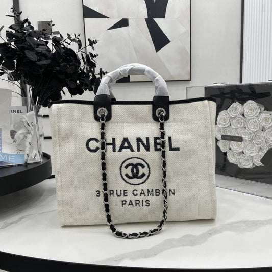 Sac CC Deauville en tweed, cuir noir, accessoires argentés, 16