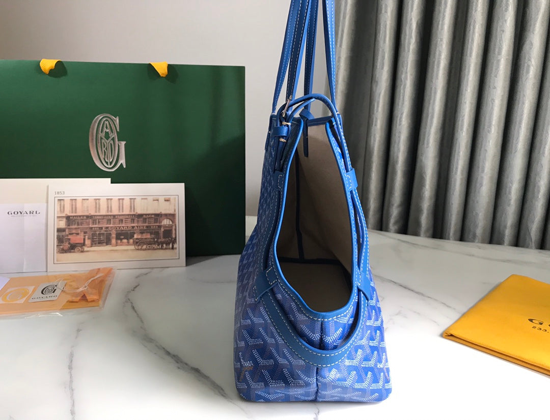 SAC CHIEN GRIS 33 EN TOILE GOYARDINE BLEU SAPHIR ET GARNITURES EN CUIR DE VEAU BRUN