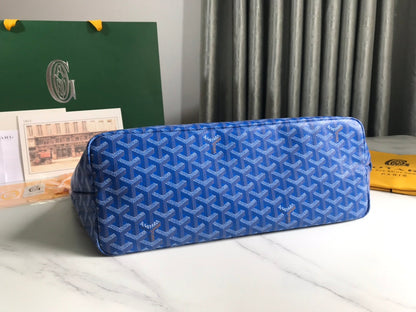 SAC CHIEN GRIS 33 EN TOILE GOYARDINE BLEU SAPHIR ET GARNITURES EN CUIR DE VEAU BRUN
