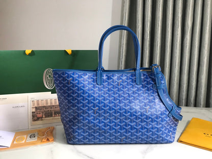 SAC CHIEN GRIS 33 EN TOILE GOYARDINE BLEU SAPHIR ET GARNITURES EN CUIR DE VEAU BRUN