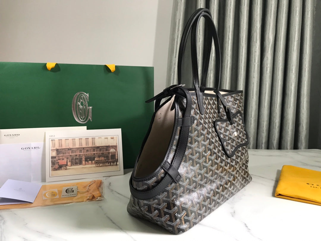 SAC CHIEN GRIS 33 EN TOILE GOYARDINE NOIRE ET GARNITURES EN CUIR DE VEAU BRUN