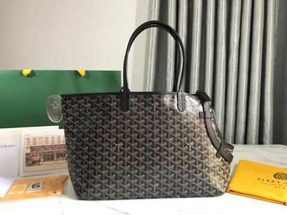 SAC CHIEN GRIS 33 EN TOILE GOYARDINE NOIRE ET GARNITURES EN CUIR DE VEAU BRUN