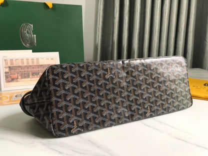 SAC CHIEN GRIS 33 EN TOILE GOYARDINE NOIRE ET GARNITURES EN CUIR DE VEAU BRUN
