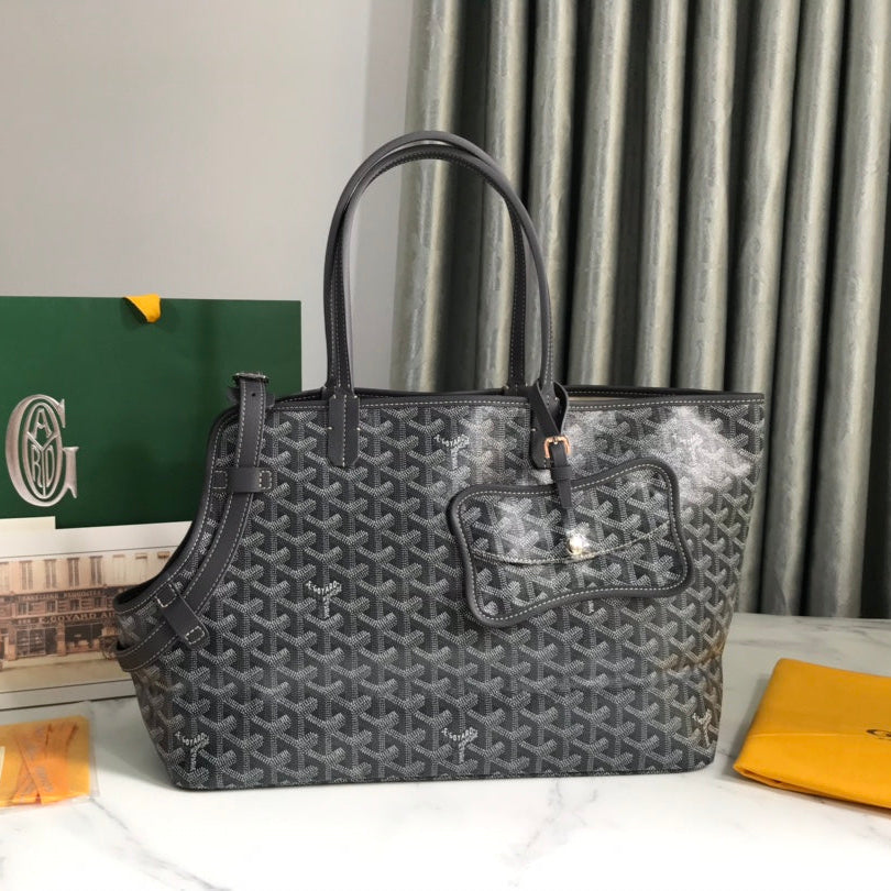 SAC CHIEN GRIS 33 EN TOILE GOYARDINE GRIS NOIR ET GARNITURES EN CUIR DE VEAU