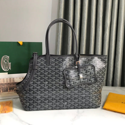 SAC CHIEN GRIS 33 EN TOILE GOYARDINE GRIS NOIR ET GARNITURES EN CUIR DE VEAU