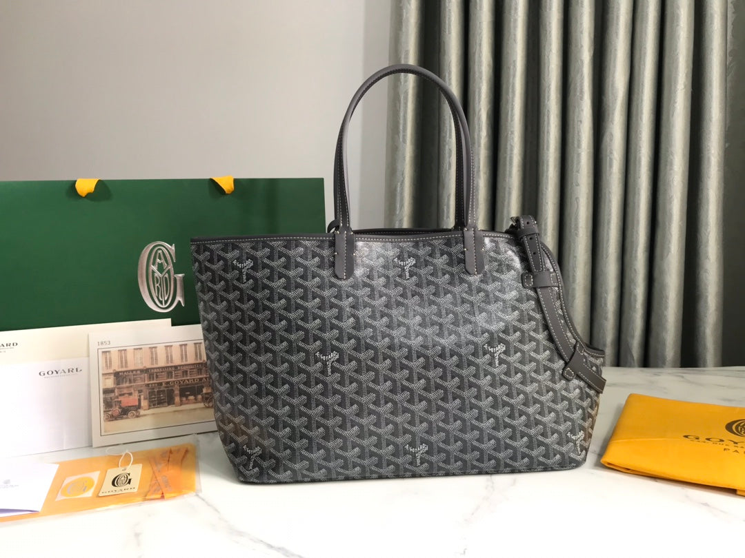 SAC CHIEN GRIS 33 EN TOILE GOYARDINE GRIS NOIR ET GARNITURES EN CUIR DE VEAU