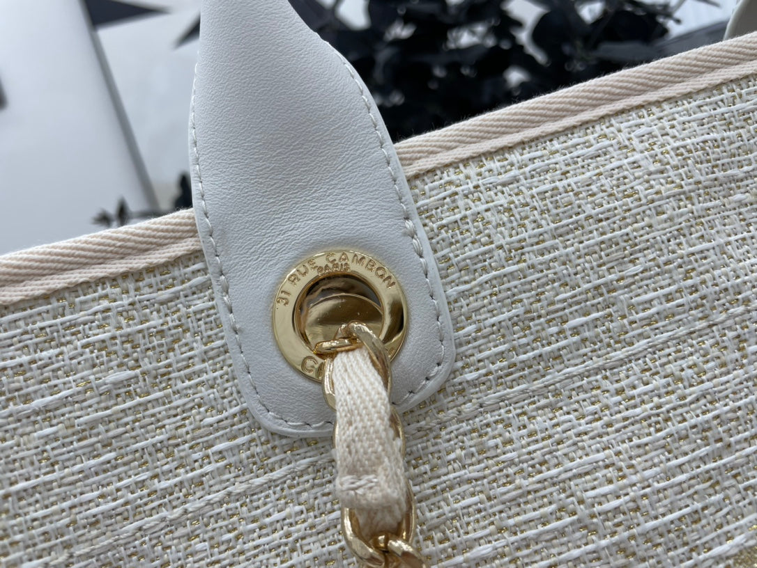 Sac CC Deauville en tweed, cuir blanc, accessoires dorés, 4
