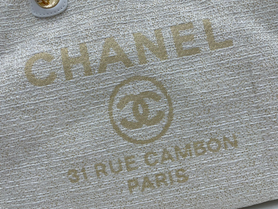 Sac CC Deauville en tweed, cuir blanc, accessoires dorés, 4