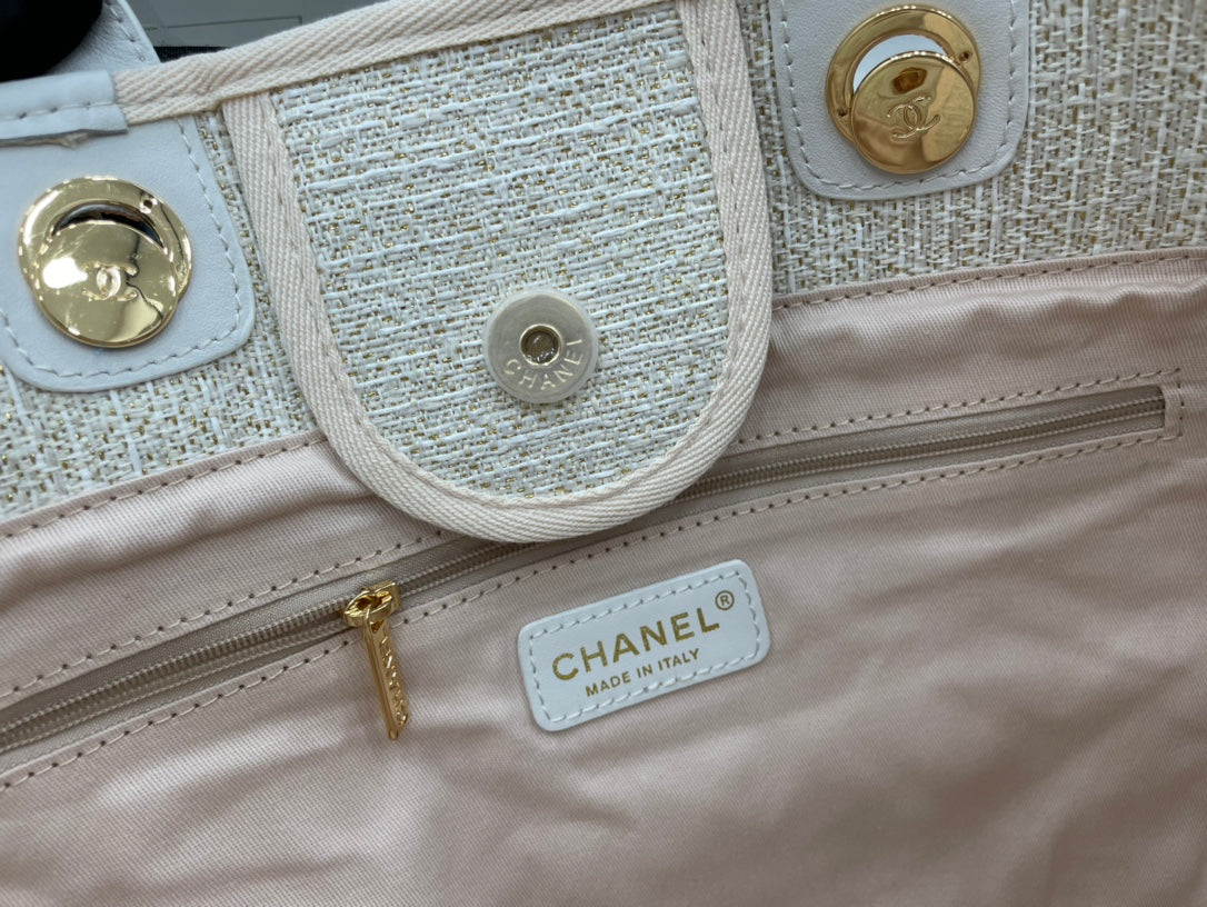Sac CC Deauville en tweed, cuir blanc, accessoires dorés, 4