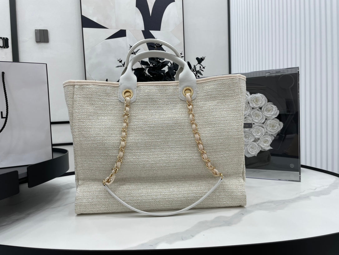 Sac CC Deauville en tweed, cuir blanc, accessoires dorés, 4