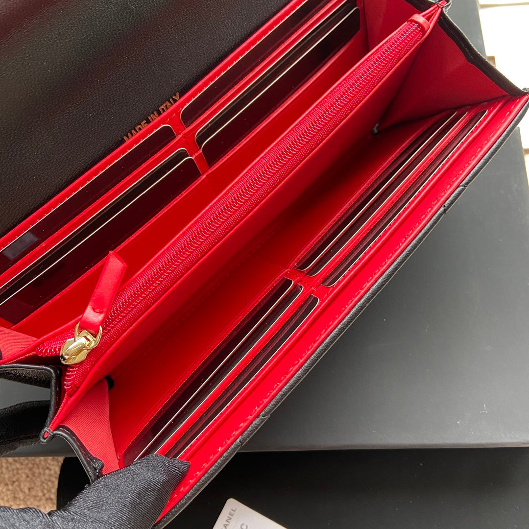 Portefeuille long CC 19 19 cm en cuir de veau noir