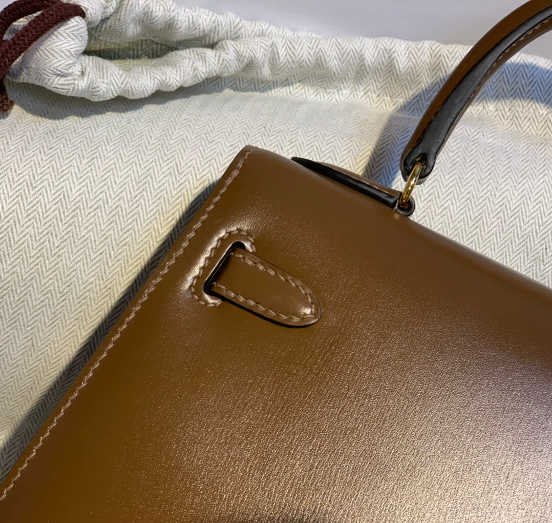 KELLY MINI 20 BAG IN CHOCOLATE BROWN SMOOTH CALFSKIN WITH GOLD HARDWARE (MADE - TO - ODER)