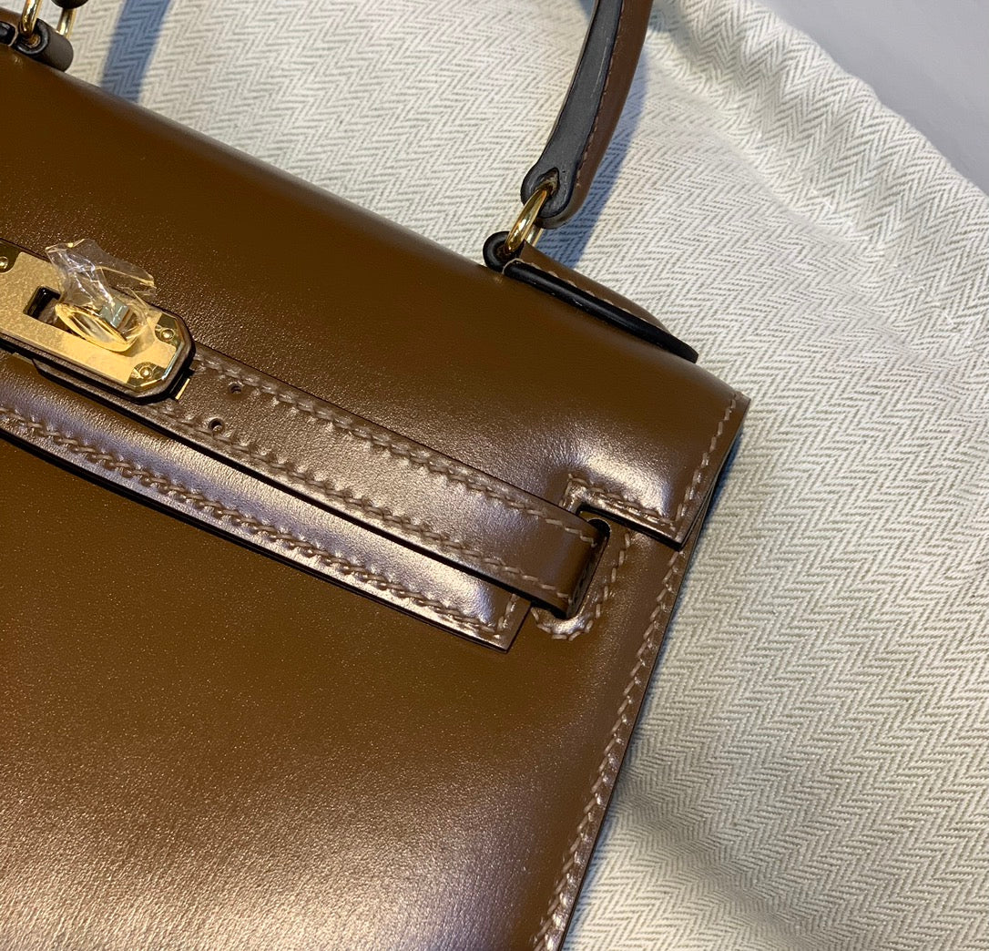 KELLY MINI 20 BAG IN CHOCOLATE BROWN SMOOTH CALFSKIN WITH GOLD HARDWARE (MADE - TO - ODER)