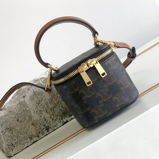 MINI TROUSSE DE VANITY TRIOMPHE TOILE ET CUIR DE VACHETTE TAN