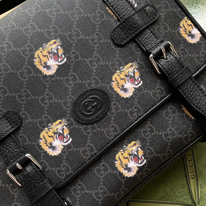 SAC MESSAGER IMPRIMÉ TIGRE 28 EN TOILE NOIRE ET BORDURE EN CUIR