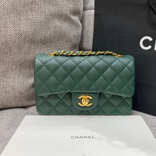 mini sac à rabat 20 cm bleu foncé vert caviar matériel doré 