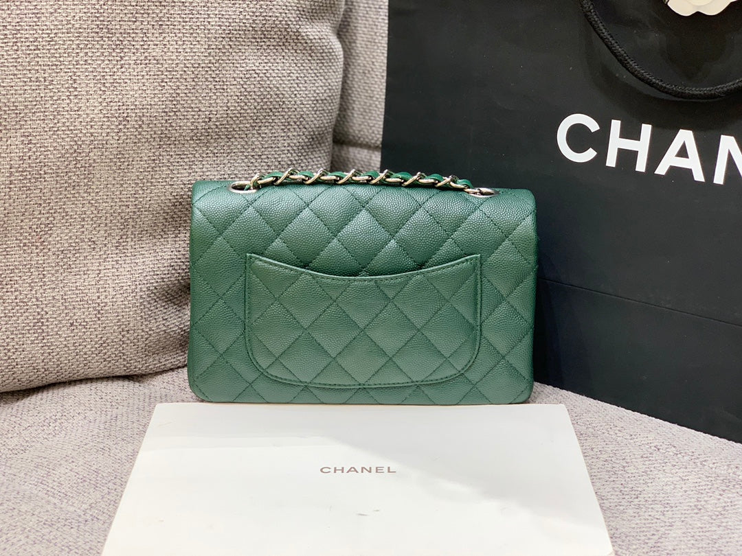 mini sac à rabat 20 cm bleu foncé vert caviar matériel argenté 