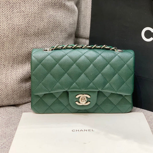 mini sac à rabat 20 cm bleu foncé vert caviar matériel argenté 