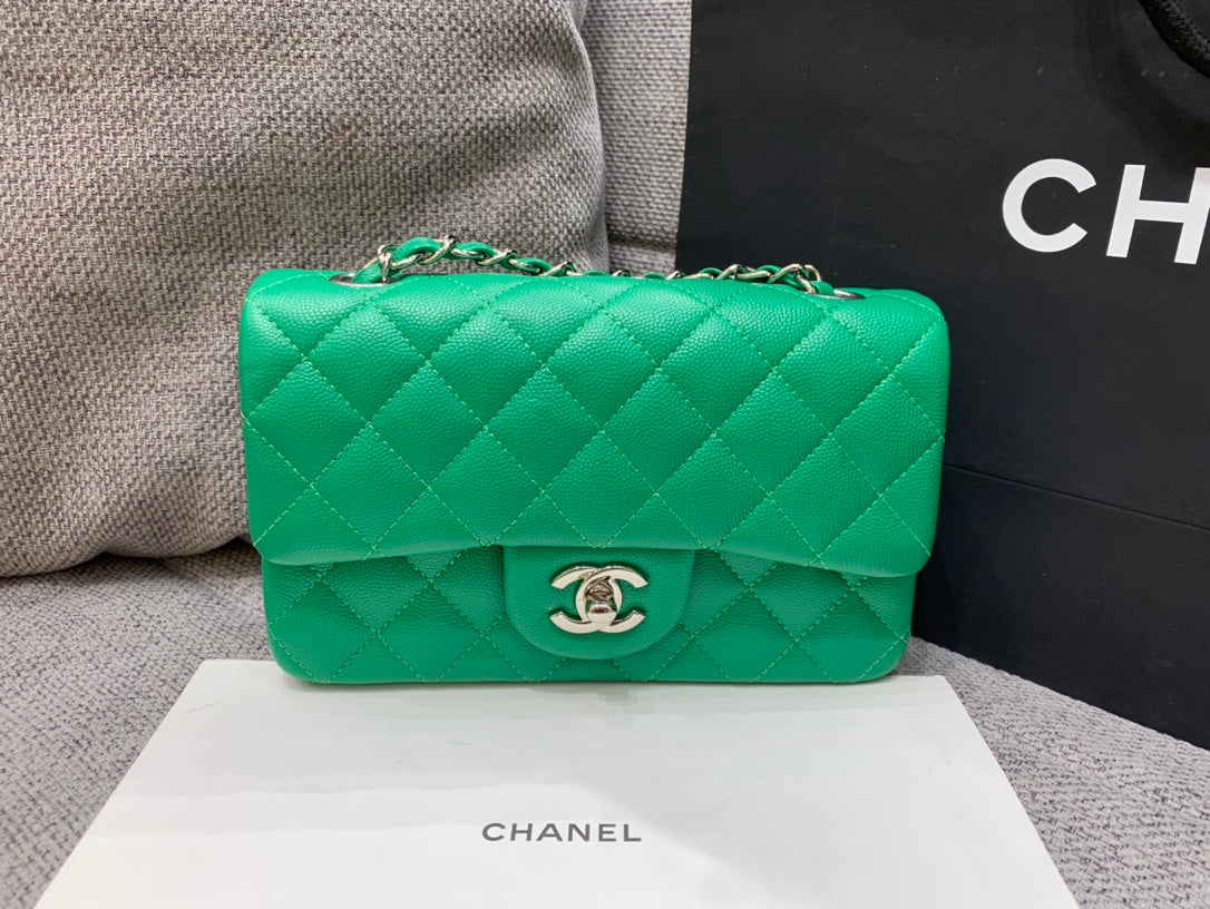 flap bag mini 20cm dark green caviar silver hardware