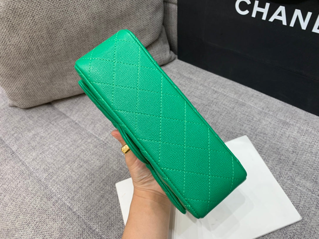 フラップバッグ ミニ 20cm ダークグリーン キャビア ゴールド金具