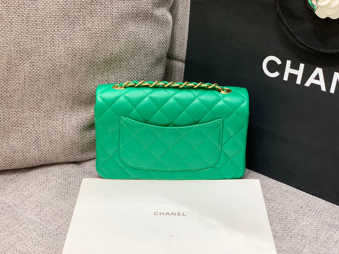 フラップバッグ ミニ 20cm ダークグリーン キャビア ゴールド金具
