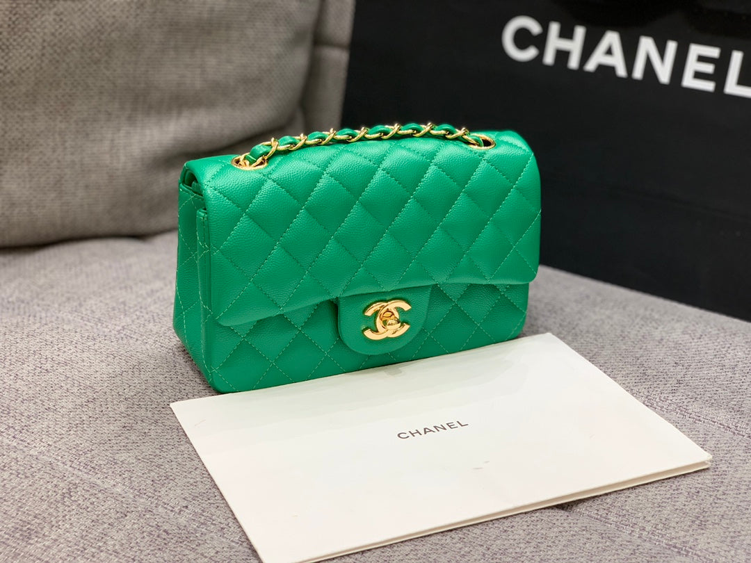 フラップバッグ ミニ 20cm ダークグリーン キャビア ゴールド金具